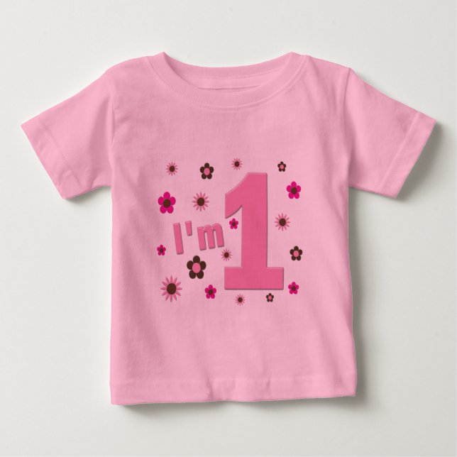"Mig förmiddag 1" rosa- och bruntblommafödelsedag T-shirt (Framsida)
