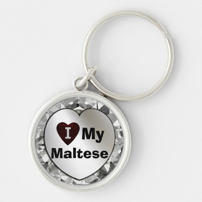 Mig hjärta/kärlek min maltesiska högvärdiga rund silverfärgad nyckelring (Framsidan)