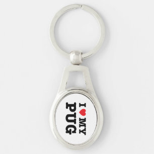 Mig hjärta min mopsmetall Keychain Ovalt Silverfärgad Nyckelring