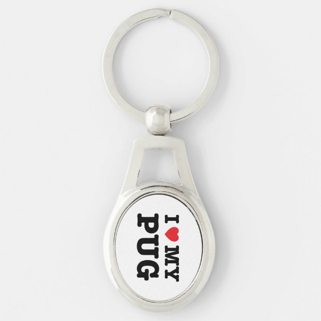 Mig hjärta min mopsmetall Keychain Ovalt Silverfärgad Nyckelring (Framsidan)