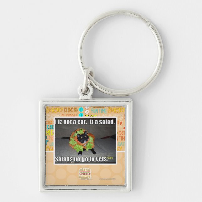 Mig iz inte en katt. Iz en salad. Fyrkantig Silverfärgad Nyckelring (Framsidan)