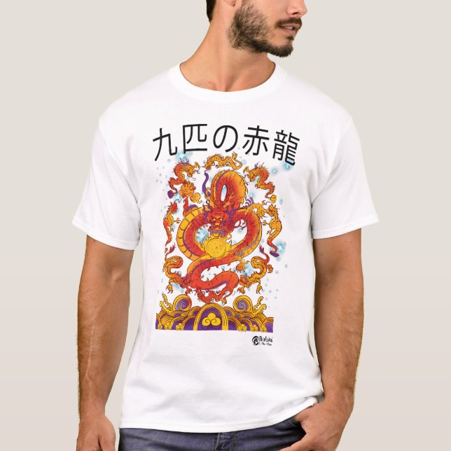 Mighty Nine Red Dragons for White Färg T Shirt (Framsida)