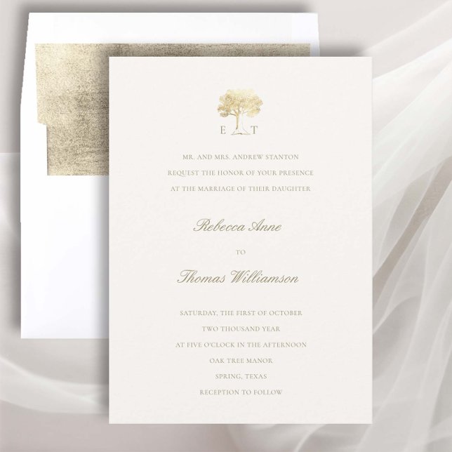 Mighty Oak Faux Guld Formal Traditional Bröllop Inbjudningar (golden oak tree wedding invitation fall autumn mountain rustic formal traditional elegant classic)
