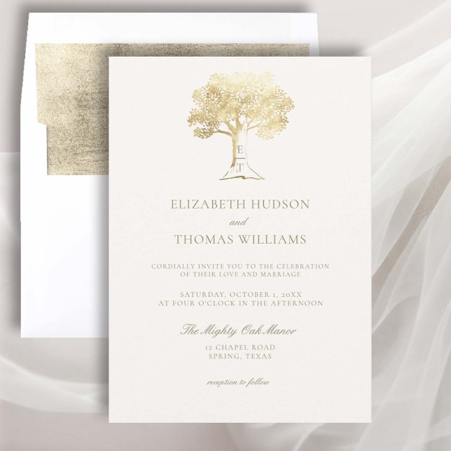 Mighty Oak Faux Guld Monogram Formal Bröllop Inbjudningar (golden oak tree wedding invitation fall autumn carved tree rustic formal traditional elegant classic)
