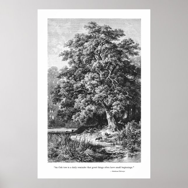 Mighty Oak Träd inspirational Black & White Poster (Framsidan)