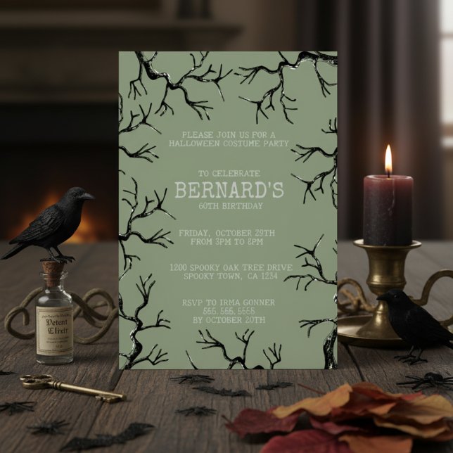 Mighty som Oak Spooky Vuxen Birthday Inbjudningar (Spooky Oak Trees Halloween Birthday Invitation for Him. Black & White Scary Oak Tree Illustration)