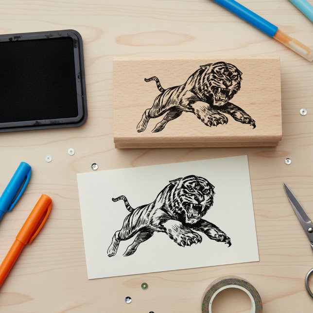 Mighty Tiger Trästämpel Stämpel (Mighty roaring tiger wooden art stamp.)