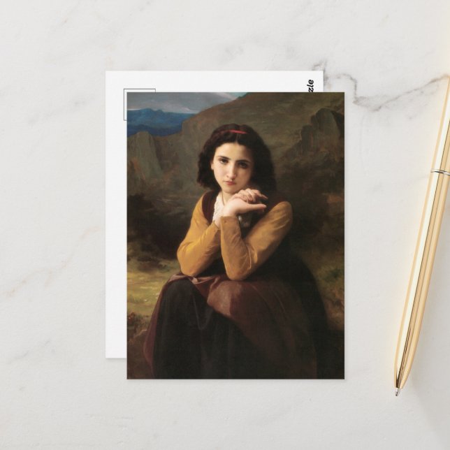 Mignon Oskuld of Adolescent Girl, Bouguereau Vykort (Fram/Back In Situ)