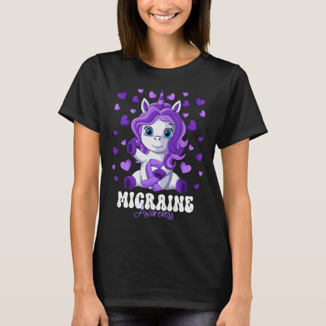 Migraine Awareness Month Purple Ribbon Unicorn T Shirt (Framsida)
