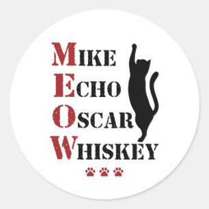 Mike Echo Oscar Whiskey MEOW Cat Runt Klistermärke