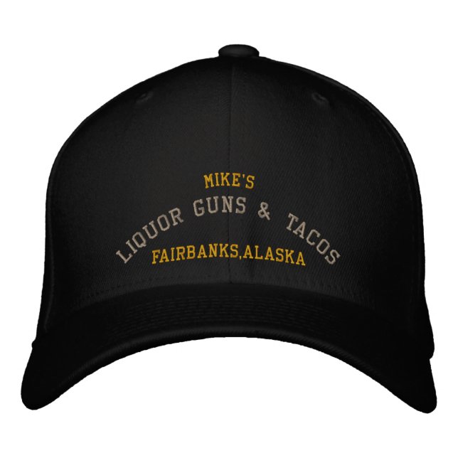 Mike's, LIQUOR GUNS & TACOS, Fairbanks, Alaska Broderad Keps (Framsida)