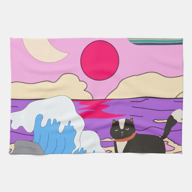 Mikitiez miami meow sunset vintage kökshandduk (Horisontell)