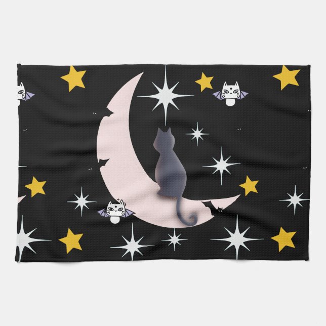 Mikitiez svarta cat fladdermus halloween faller vi kökshandduk (Horisontell)