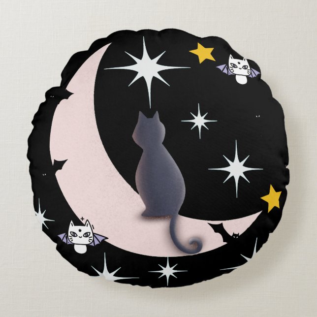 Mikitiez svarta cat fladdermus halloween faller vi rund kudde (Framsidan)