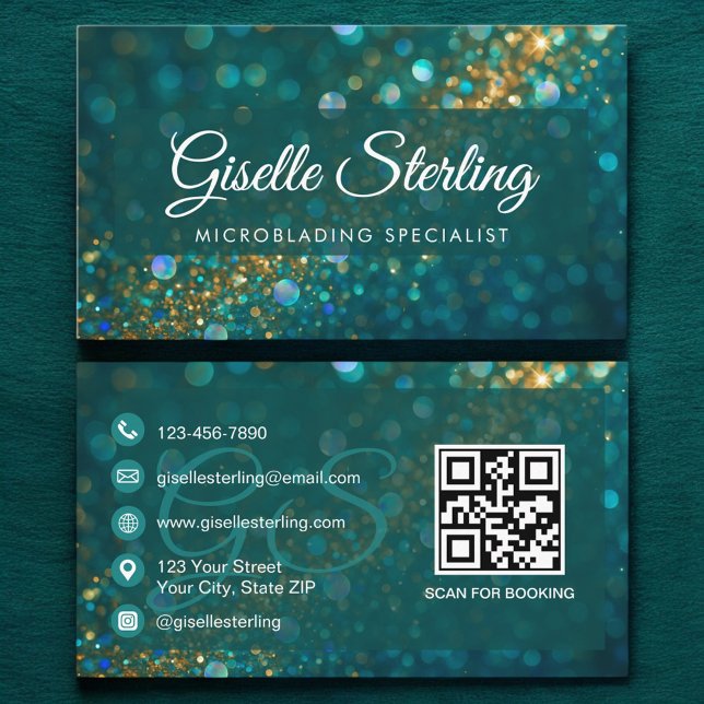 Mikroblading Teal Guld Glitter QR Code Luxury Visitkort (Skapare uppladdad)