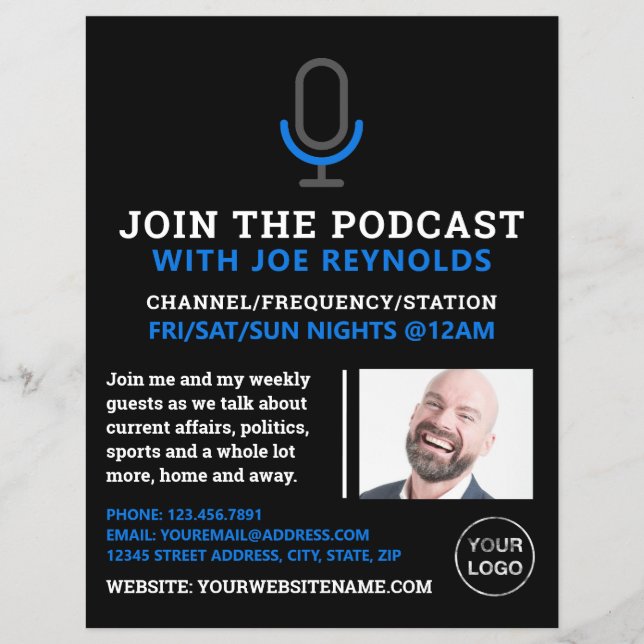 Mikrofonsymbol, podcaster, podradiosändning reklamblad (Framsidan)