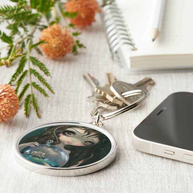 "Mikrokosm: Sjölandskap"-nyckelkedja Rund Silverfärgad Nyckelring (Sidan)