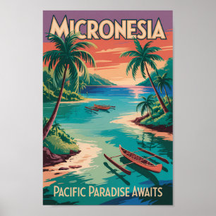 Mikronesien Båtar Illustration Resa Konst Vintage Poster