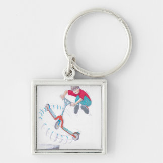mikrotecknad för sparkcykelmicroscootertrick fyrkantig silverfärgad nyckelring