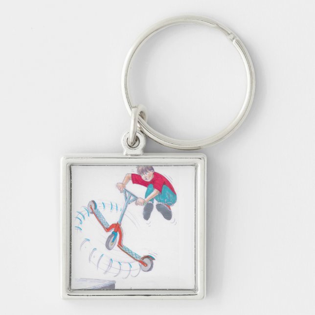 mikrotecknad för sparkcykelmicroscootertrick fyrkantig silverfärgad nyckelring (Framsidan)