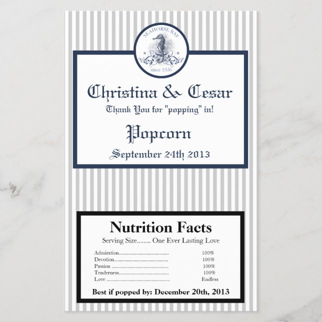 Mikrowave Popcorn Wrapper Blue Seahorse rand Flygblad (Framsidan)