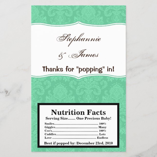 Mikrowave Popcorn Wrapper Mint White Damask Snöre Flygblad (Framsidan)