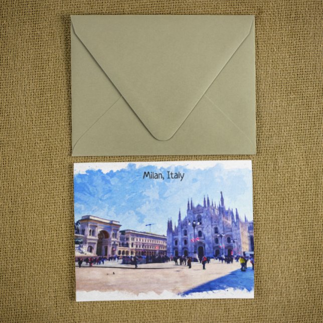 Milan Italien Cathedral Panorama View Vykort (Milan Italy Piazza watercolor postcard)