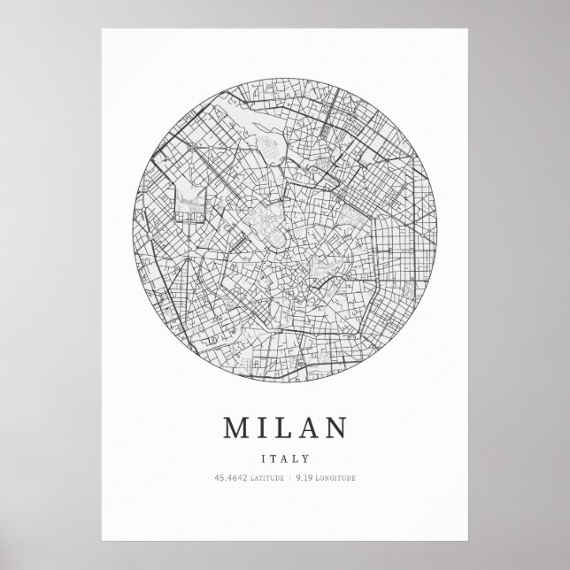Milan Italien Street Layout Karta Poster (Framsidan)