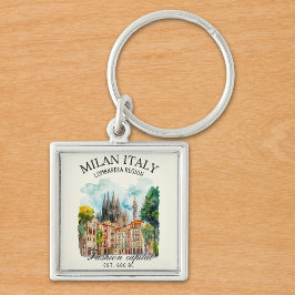Milan Italy Design – Lombardia Skyline Fyrkantig Silverfärgad Nyckelring