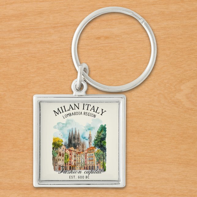 Milan Italy Design – Lombardia Skyline  Fyrkantig Silverfärgad Nyckelring (Skapare uppladdad)