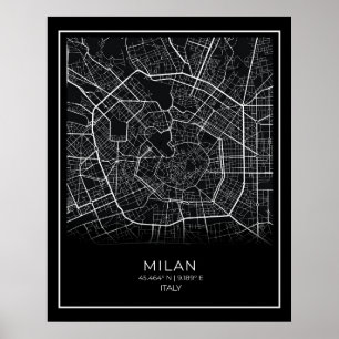 Milano City Karta - Milano Black Karta Poster