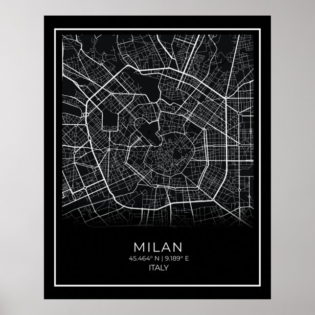 Milano City Karta - Milano Black Karta Poster (Framsidan)