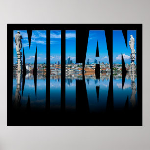 Milanos etikett bestående av Milan skyline i Itali Poster