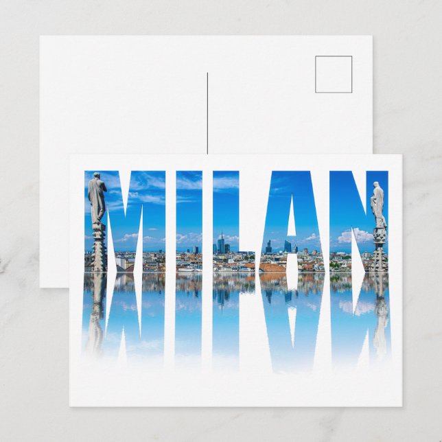 Milanos etikett bestående av Milan skyline i Itali Vykort (Fram/baksida)