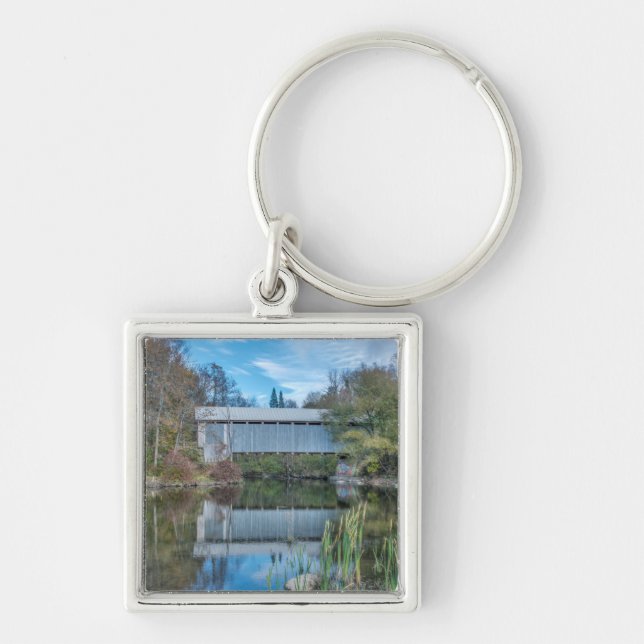 Milby Covered Bridge Fyrkantig Silverfärgad Nyckelring (Framsidan)