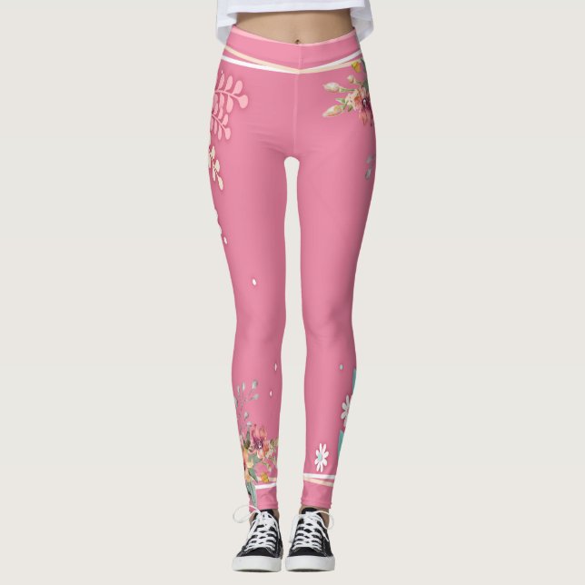 Mild ton Pastel Rosa Blommigt Art Elegant Kvinnor Leggings (Framsida)