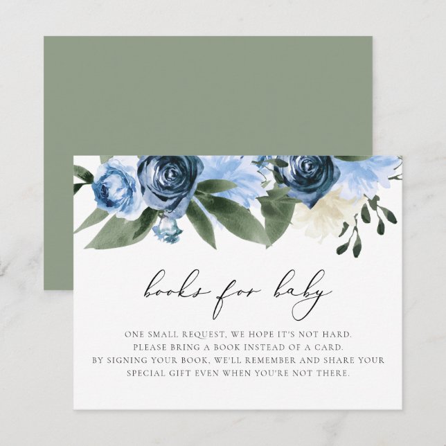 MILENA Dusty Blue Navy Blommigt Bokar för Baby-kor Inbjudningar (Fram/baksida)