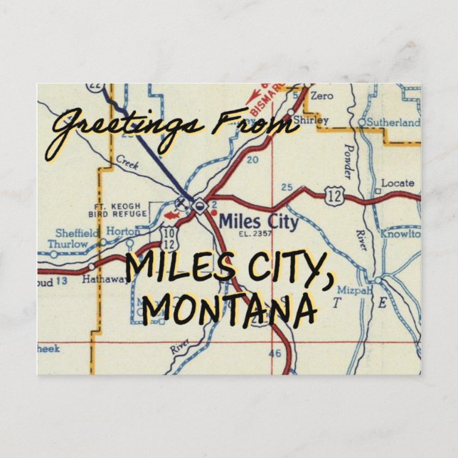 Miles City Montana Vintage Karta Vykort (Framsida)