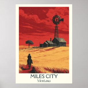 Miles City Montana Vintage Prairie Sunset Art Poster