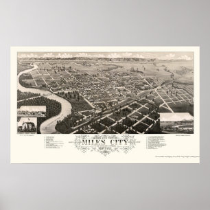 Miles City, MT Panoramic Karta - 1883 Poster