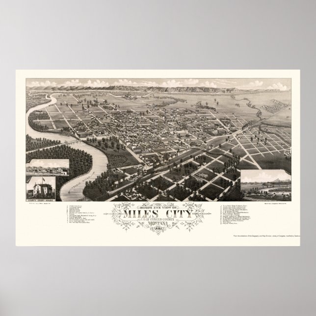Miles City, MT Panoramic Karta - 1883 Poster (Framsidan)