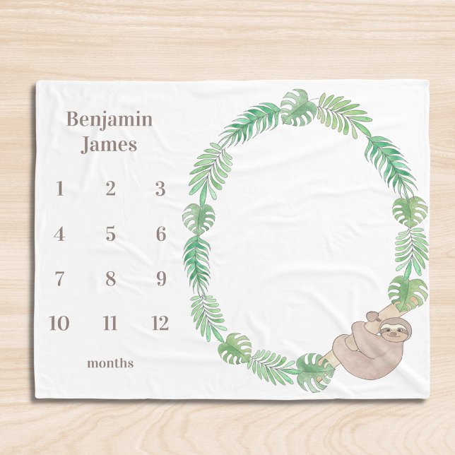 Milestone Baby Blanket Cute Sloth Boy Namn Fleecefilt (Skapare uppladdad)