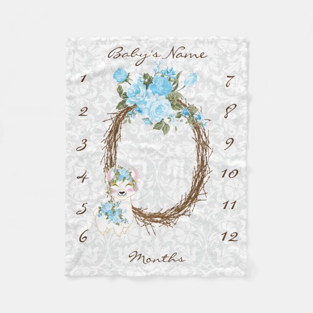 Milestone Baby Blanket - Llama - Blue Fleecefilt (Framsidan)