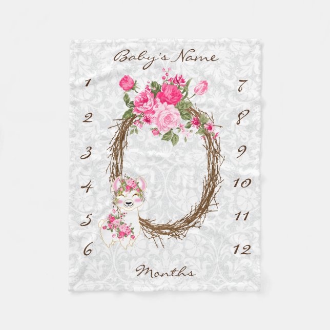 Milestone Baby Blanket - Llama - Rosa Fleecefilt (Framsidan)