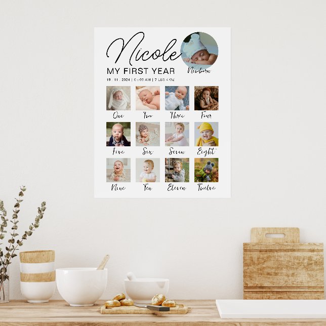 Milestone Baby första året 12 månader Fotokollage Poster (Kök)