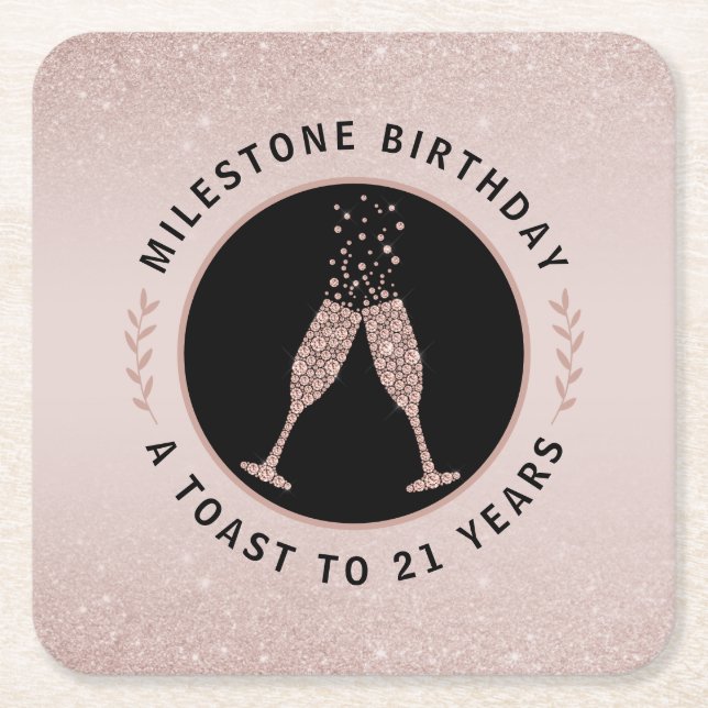 Milestone Birthday 21 Glitter Champagne Toast Underlägg Papper Kvadrat (Framsidan)
