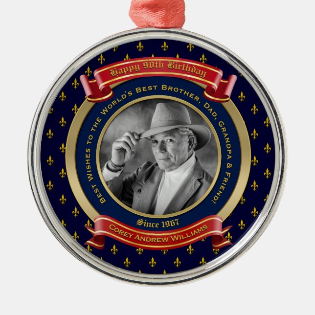 Milestone Birthday Guld Photo 90:e nittio Blue Red Julgransprydnad Metall (Framsidan)