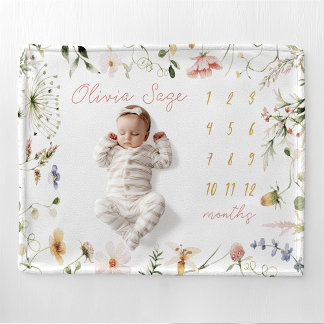 Milestone Blanket Girl eget namn Blanket Wildflo Fleecefilt
