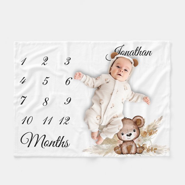 Milestone Boho Baby Bear Pampas Grass Fleecefilt (Skapare uppladdad)