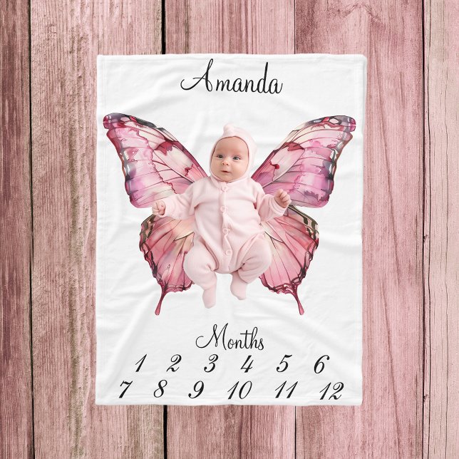 Milestone Rosa Butterfly Vingar Baby Keepsaké Fleecefilt (Skapare uppladdad)
